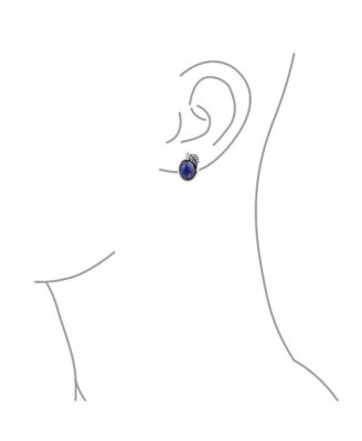 Native American Style Stabilized Oval Bezel Leaf Rope Edged Stud Earrings Western Jewelry Oxidized .925 Sterling Silver