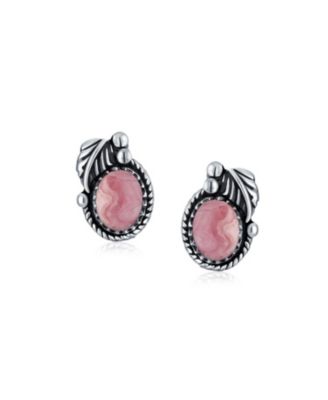 Native American Style Stabilized Oval Bezel Leaf Rope Edged Stud Earrings Western Jewelry Oxidized .925 Sterling Silver
