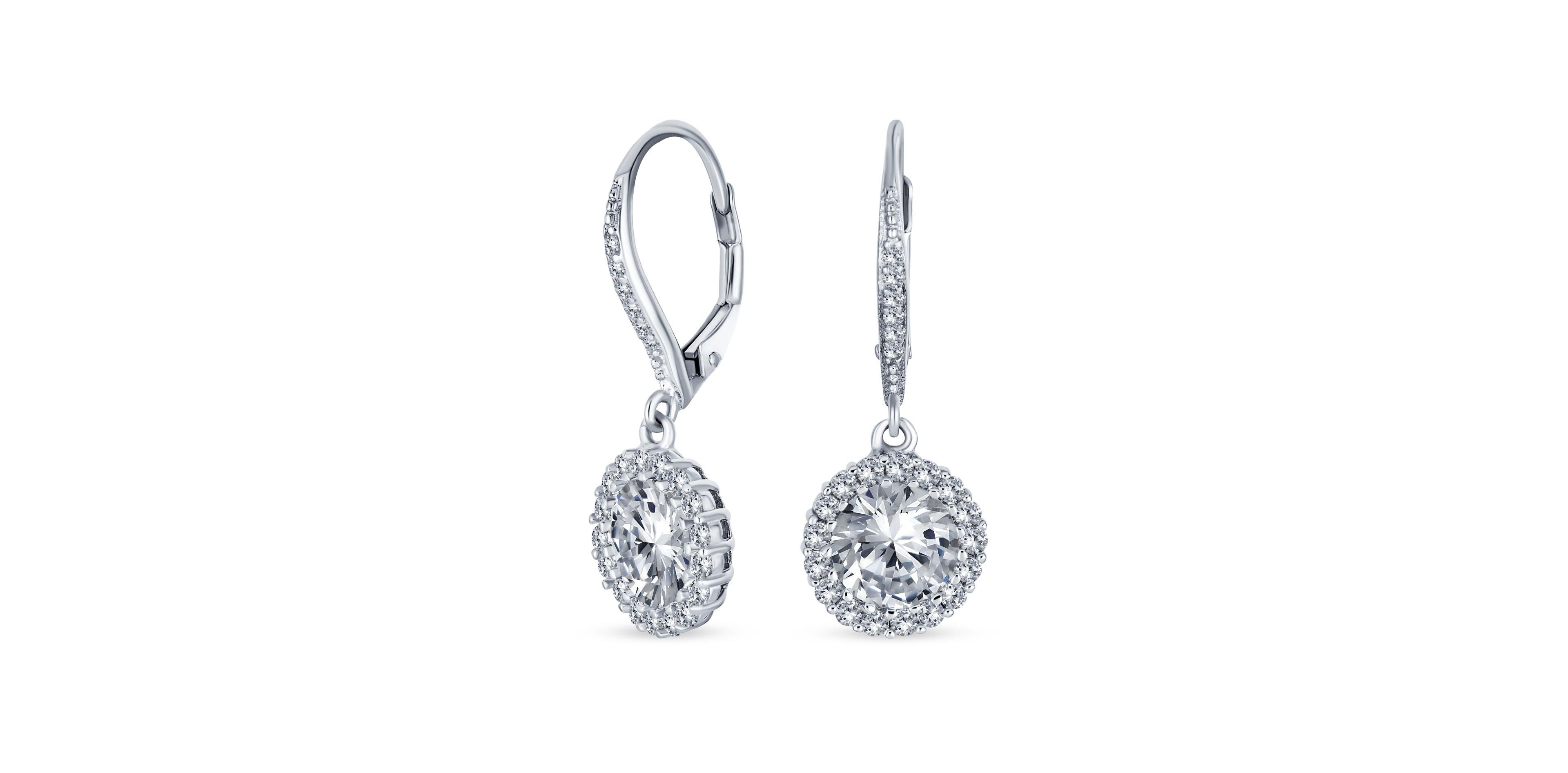 Bling Jewelry 3.5ct Blue Round Solitaire Halo Cz Lever Back Dangle Earrings Simulated Sapphire Cubic Zirconia .925 Sterling Silver