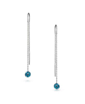 Blue Nazar Evil Eye Murano Glass Spiritual Thin Chain Threader Earrings .925 Sterling Silver