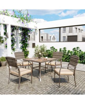 Brown 5-Piece PE Wicker Outdoor Dining Set with Green Cushions