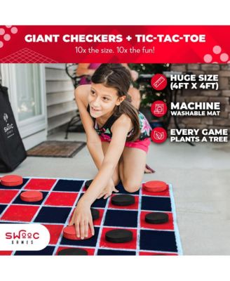 2-in-1 Vintage Giant Checkers and Tic Tac Toe Game With Mat (4 ft. x 4 ft.) - 100% Machine-Washable Canvas - Giant Games