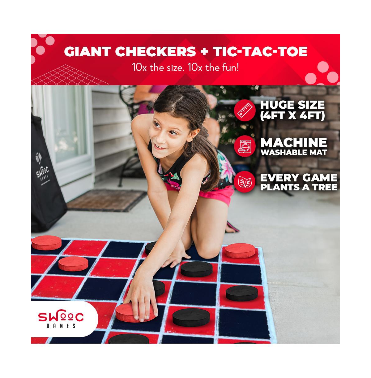 Swooc 2-in-1 Vintage Giant Checkers and Tic Tac Toe Game With Mat (4 ft. x 4 ft.) - 100% Machine-Washable Canvas - Giant Games