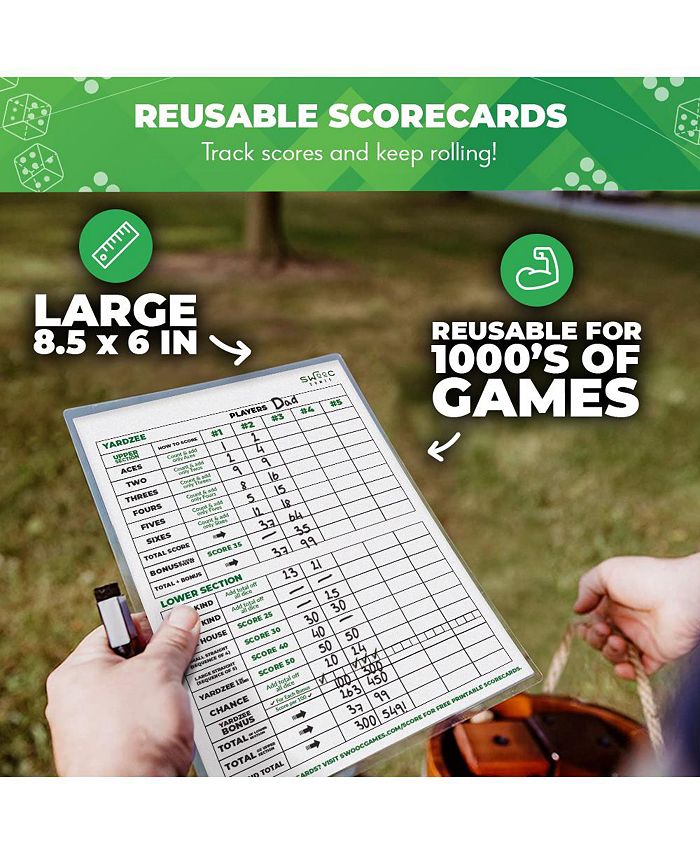 SWOOC - Yardzee, Farkle & 20  Games - Light-Weight Yard Dice Game Set (All Weather) with Wood Bucket, 5 Score Cards, and Marker