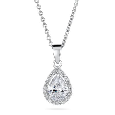 5CT Solitaire Teardrop Halo Sapphire Blue CZ Pendant Necklace Silver Plated