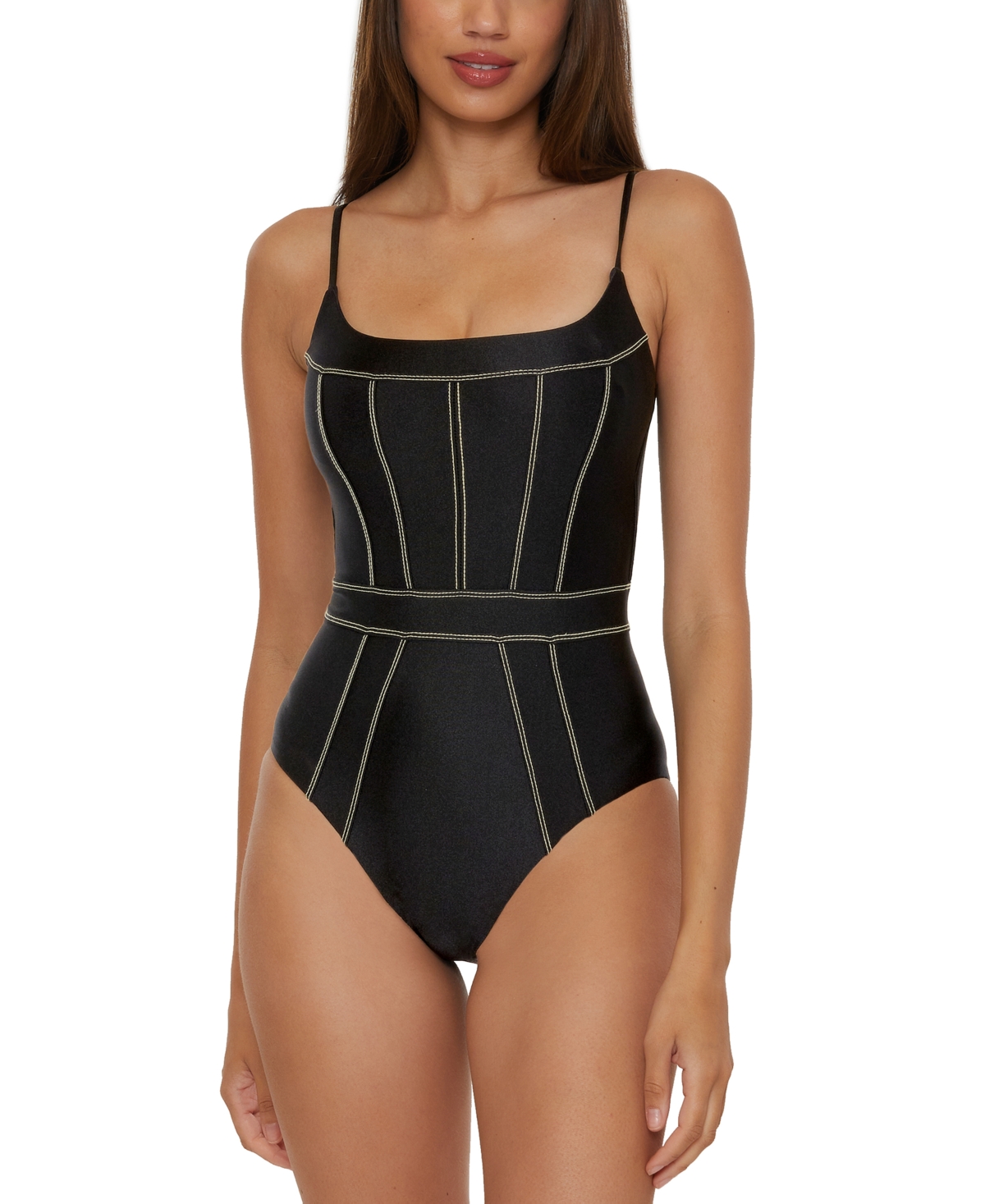 Women's Color Sheen Corset-Seamed One-Piece Swimsuit - Black