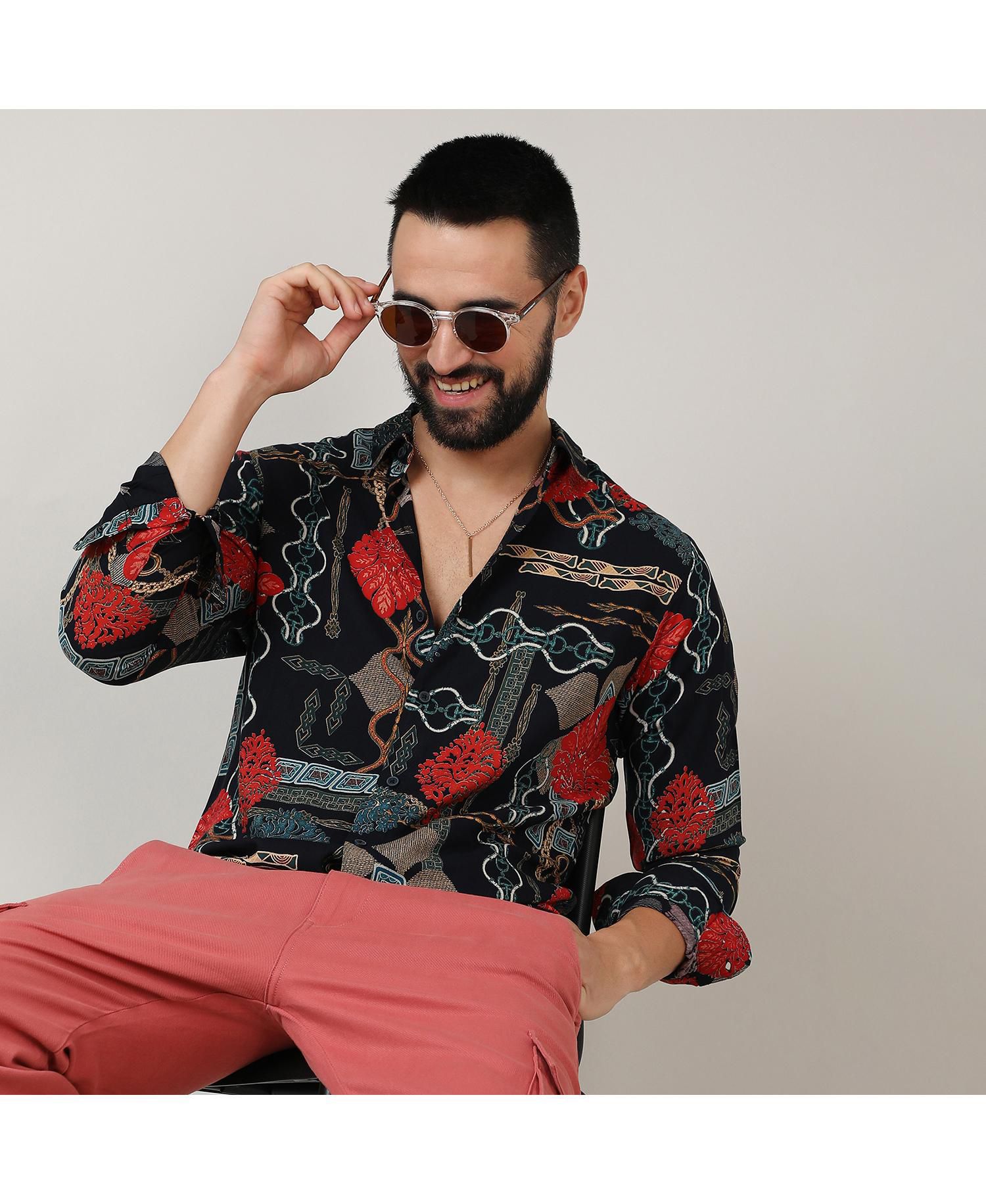 Men's Crimson Red & Teal Green Artistic Block Shirt