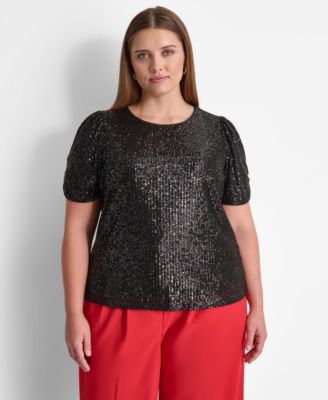 DKNY - Plus Size Sequined Short-Sleeve Crewneck Top