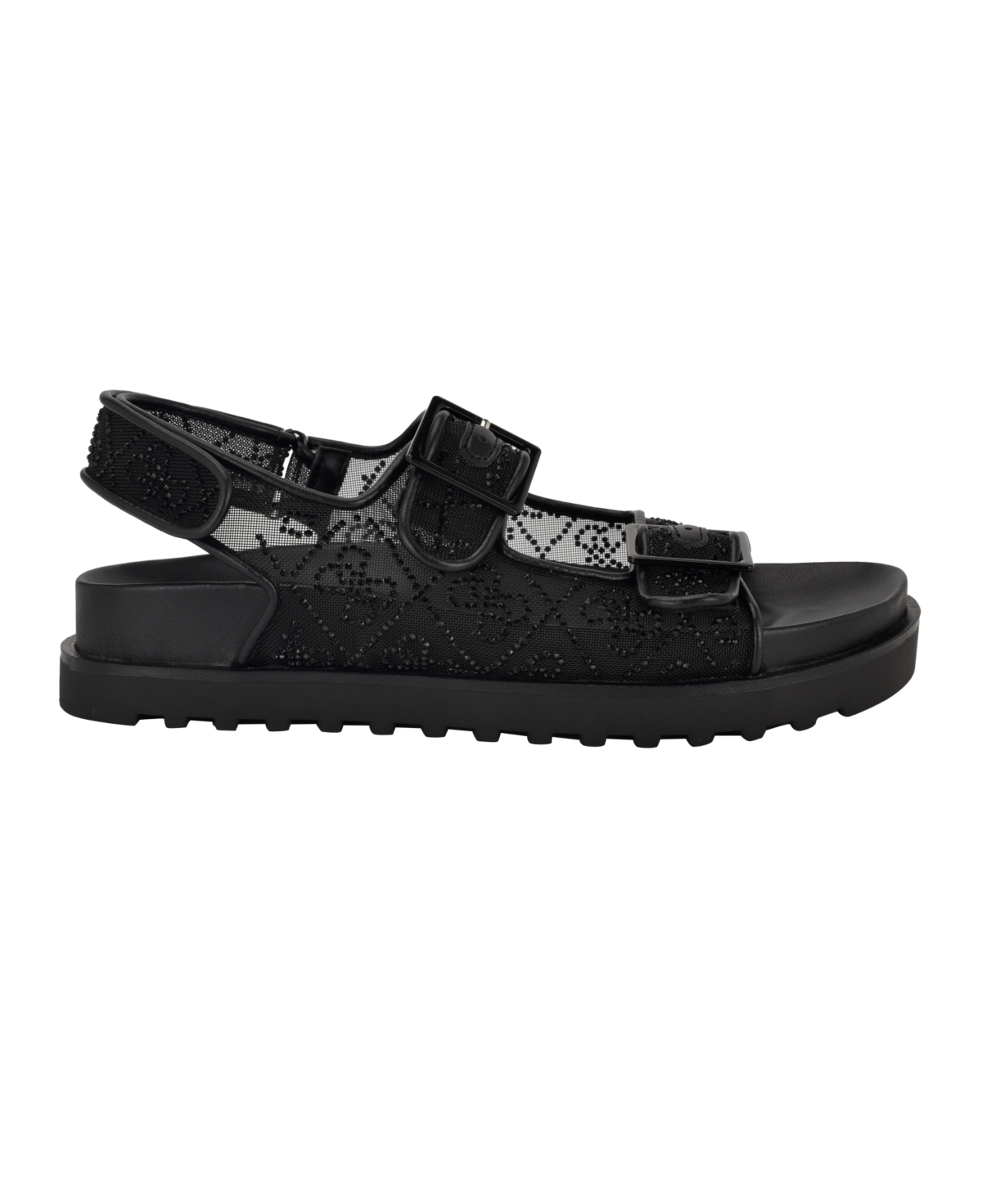 Guess Women's Frella Two Band Embellished Footbed Sandals In Black,white Rhinestone Logo Mesh