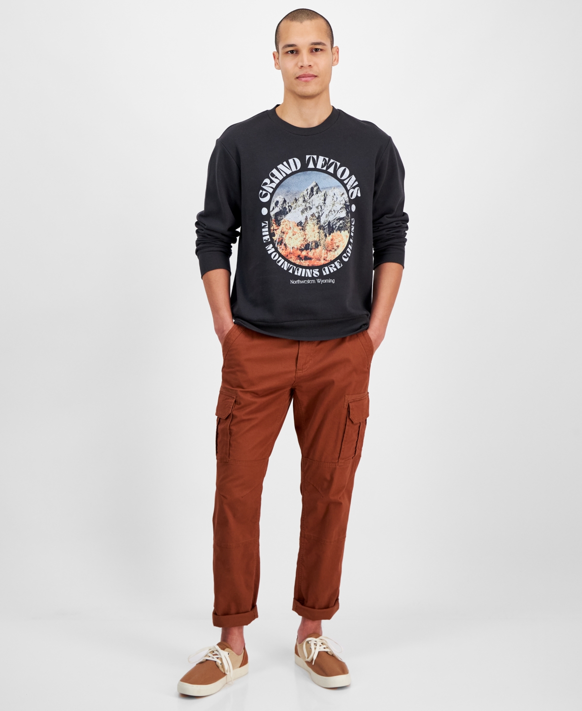 Shop Sun + Stone Men's Grand Tetons Crewneck Sweatshirt, Exclusively At Macy's In Black Shadow