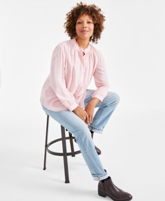 Women's Ruffle Hem Long-Sleeve Button-Front Top