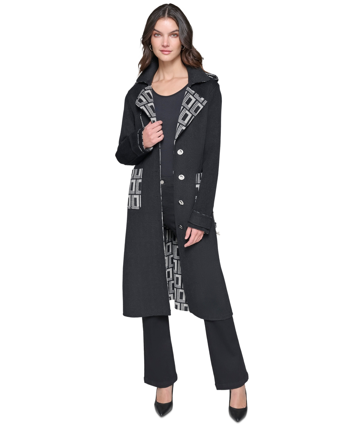 Karl Lagerfeld Paris Women's Monogram-Print Wool Coat - Black  Soft White