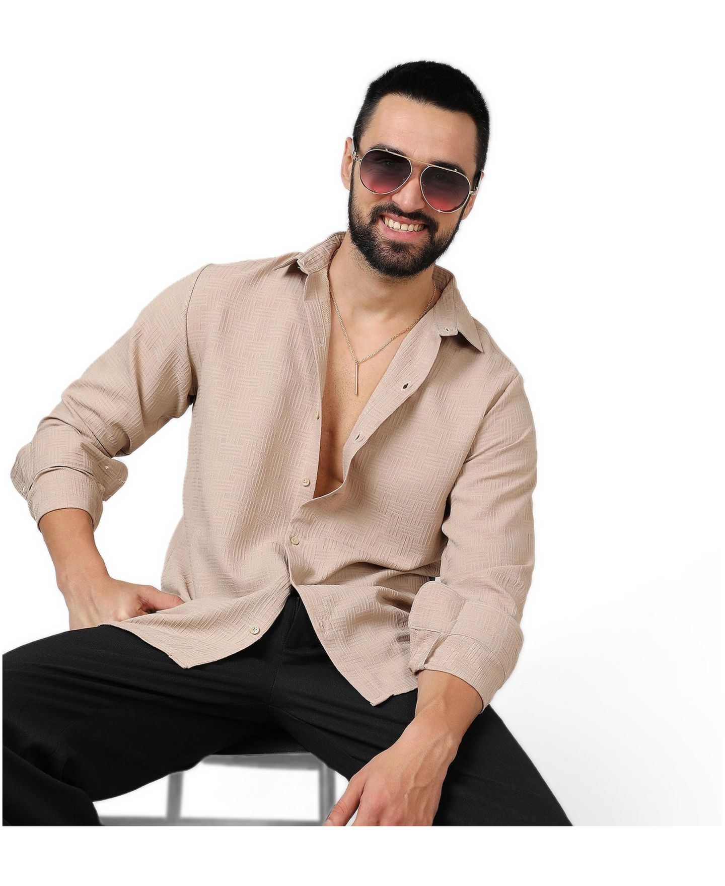 Мужская рубашка Cahoot Campus Sutra Beige Self-Design Intertwine, цвет: Бежевый / Хаки — фото 2
