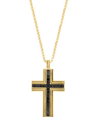 EFFY Collection - Men's Black Spinel Square Cross 22" Pendant Necklace (3/4 ct. t.w.) in Gold-Plated Sterling Silver