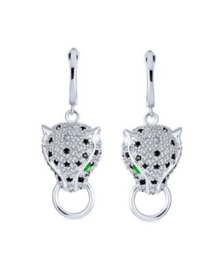 Estate Art Deco Style Animal Spotted Black White Panther Cat Green Eye Cubic Zirconia Pave CZ Lever Back Dangle Earrings Silver Plated Brass