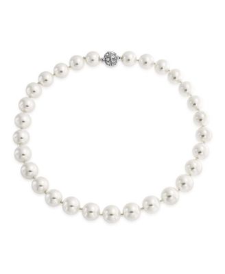 White Strand Necklace Rhodium Plated Crystal Clasp Pearl 10MM 16 Inch