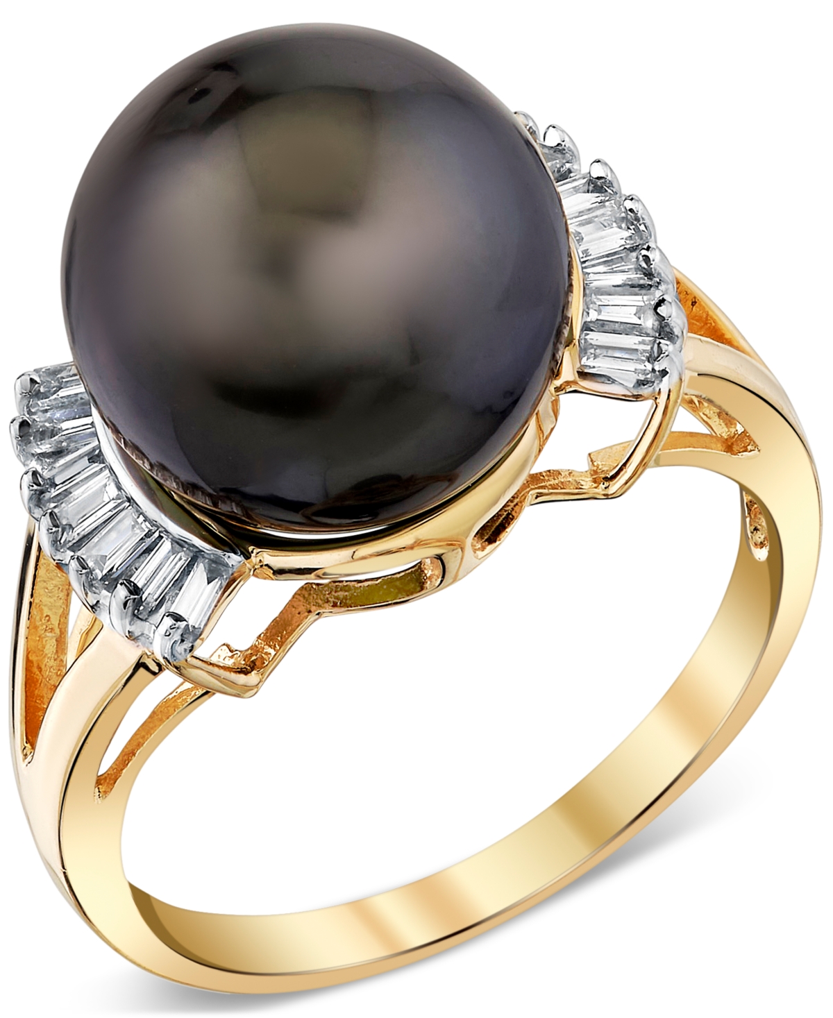Macy's Cultured Tahitian Pearl (11mm) & Diamond (1/5 Ct. T.w.) Ring In 14k Gold In Black