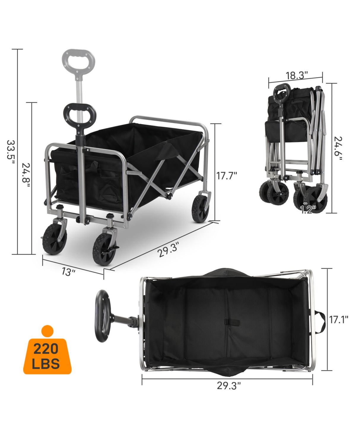 Slickblue Oxford Cloth Steel Frame Flat Folding StyleCloth Silver Frame Garden Folding Cart - Black