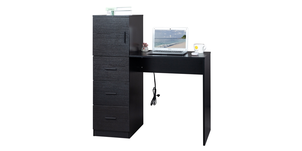 Slickblue Embossed Melamine H-Type Computer Desk with One Door, Three Drawers, 2 Usb Ports, and 2 Power Sockets