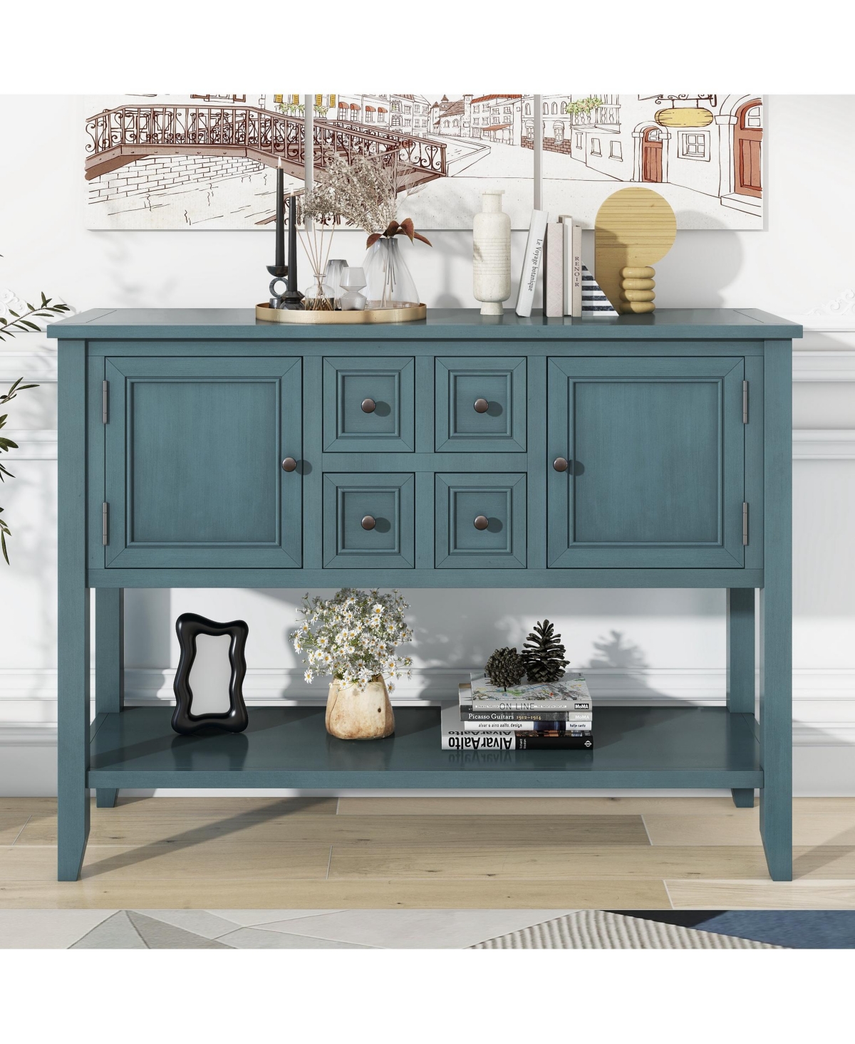 Slickblue Series Ample Storage Vintage Console Table with Four Small Drawers and Bottom Shelf for Living Rooms, Entrances and Kitchens