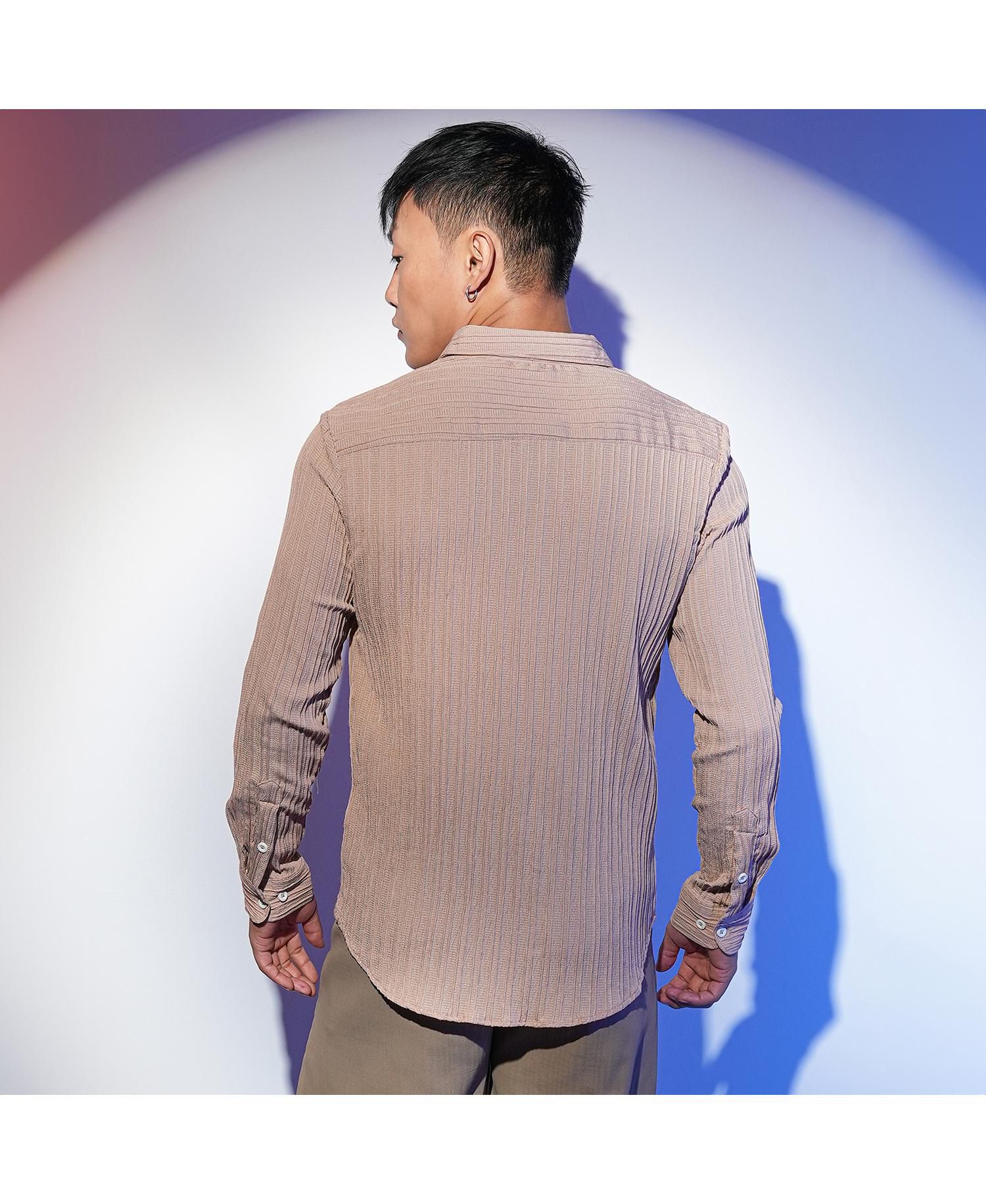 Men's Light Beige Self-Design Striped Shirt