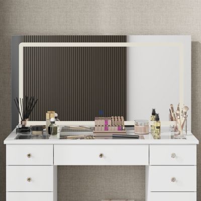11-Drawer Vanity with 3 Color LED Mirror, Tempered Glass Countertop,Crystal Handle, Makeup Table,Chest