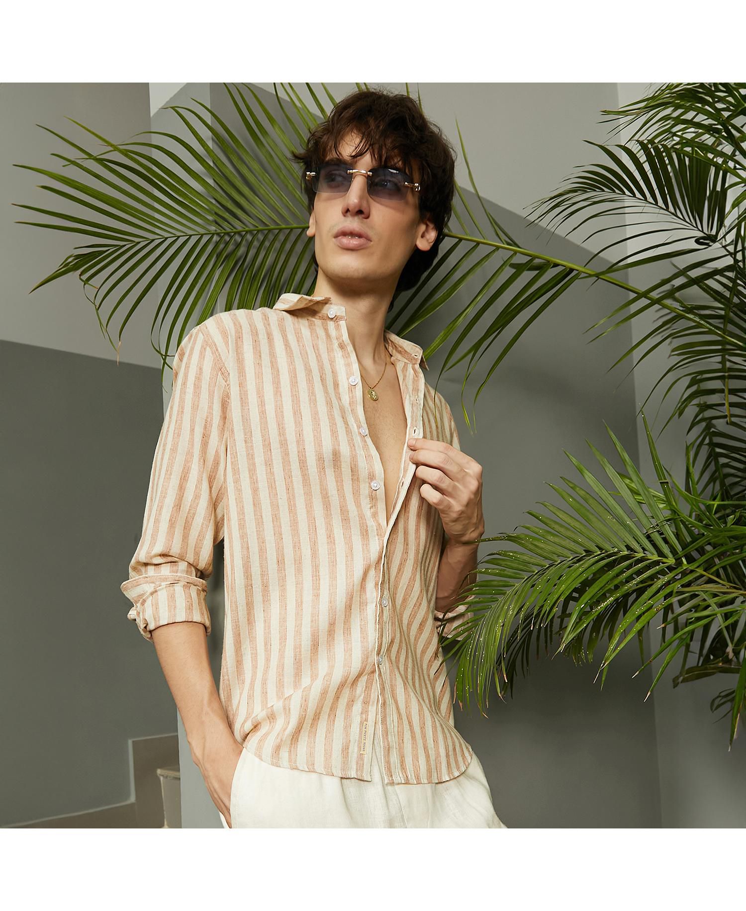 Men's Tan Brown Heathered-Stripe Shirt