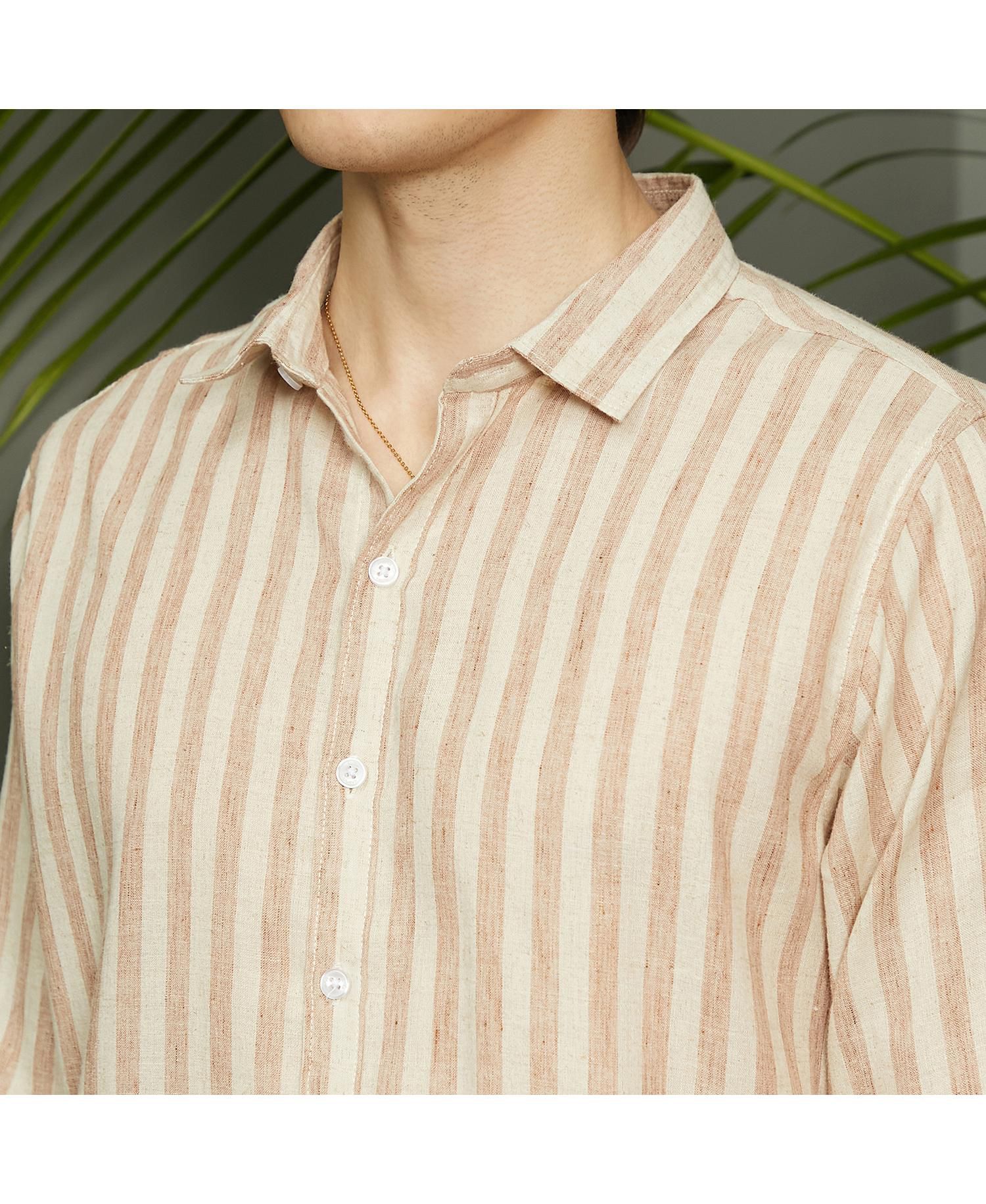 Men's Tan Brown Heathered-Stripe Shirt
