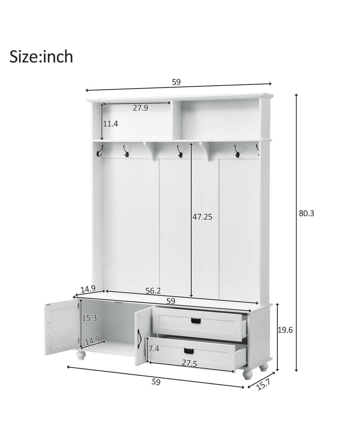 Slickblue Modern Hall Tree with Storage Cabinet & 2 Large Drawers: Wide Mudroom Bench with 5 Coat Hooks -- White