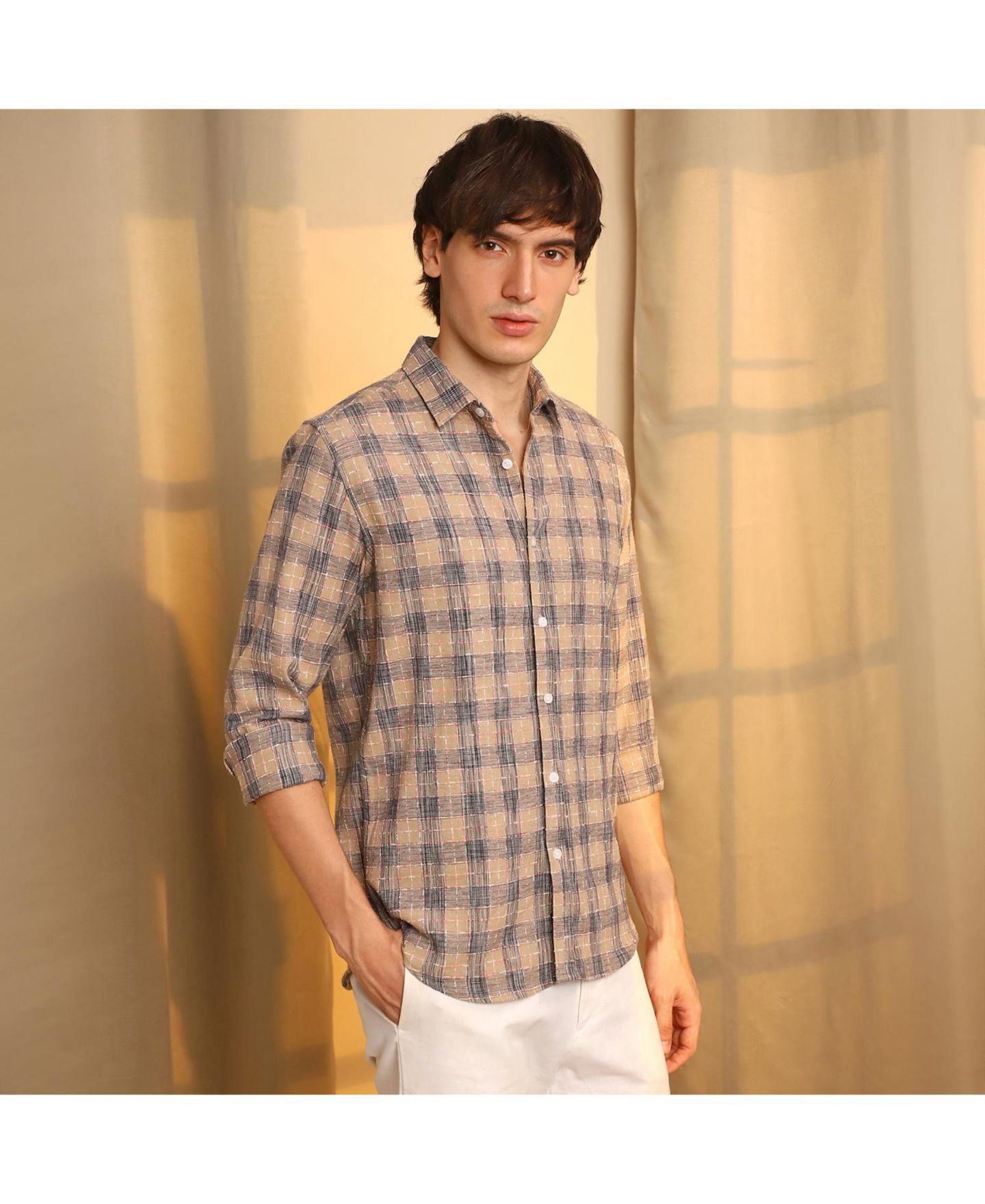 Мужская рубашка Cahoot Saltbox Beige Heathered-Buffalo Check, цвет: Коричневый — фото 6