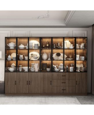 Brown Wood 23-Shelf Accent Bookcase with Glass Doors, Lights