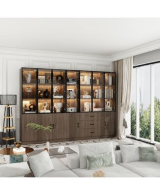 Brown Wood 23-Shelf Accent Bookcase with Glass Doors, Lights