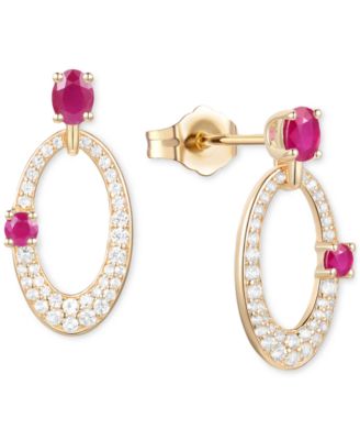 Ruby (5/8 ct. t.w.) & Diamond (1/3 ct. t.w.) Oval Doorknocker Drop Earrings in 14k Gold (Also available in Emerald & Sapphire)