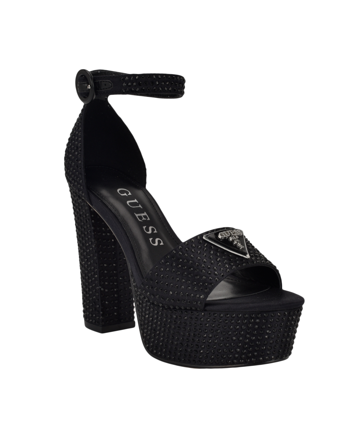 Guess Women s Setona Two Piece Platform Dress Sandals Black Satin Rhinestone Smart Closet