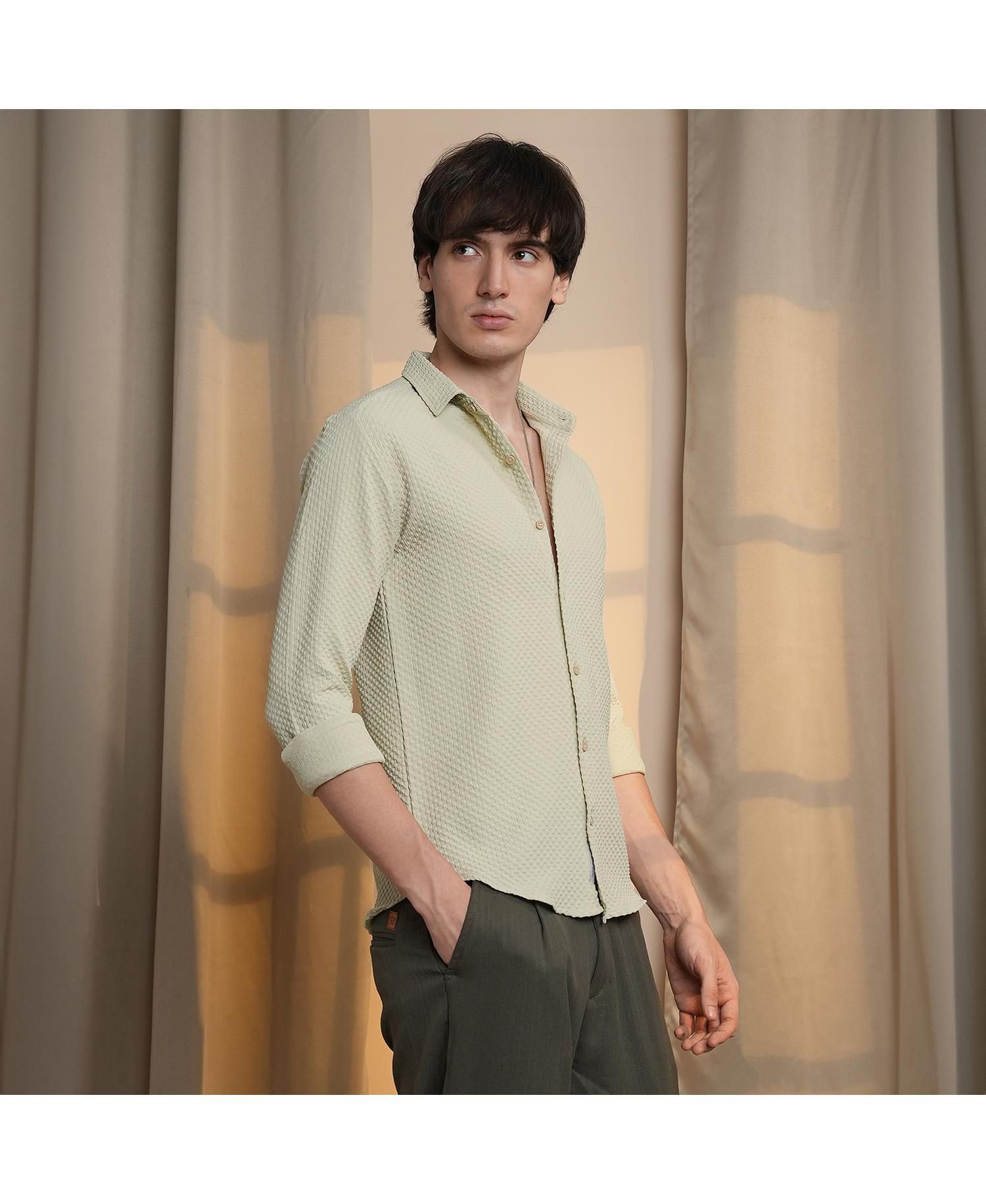 Men's Butter Yellow Micro Cubic-Textured Shirt