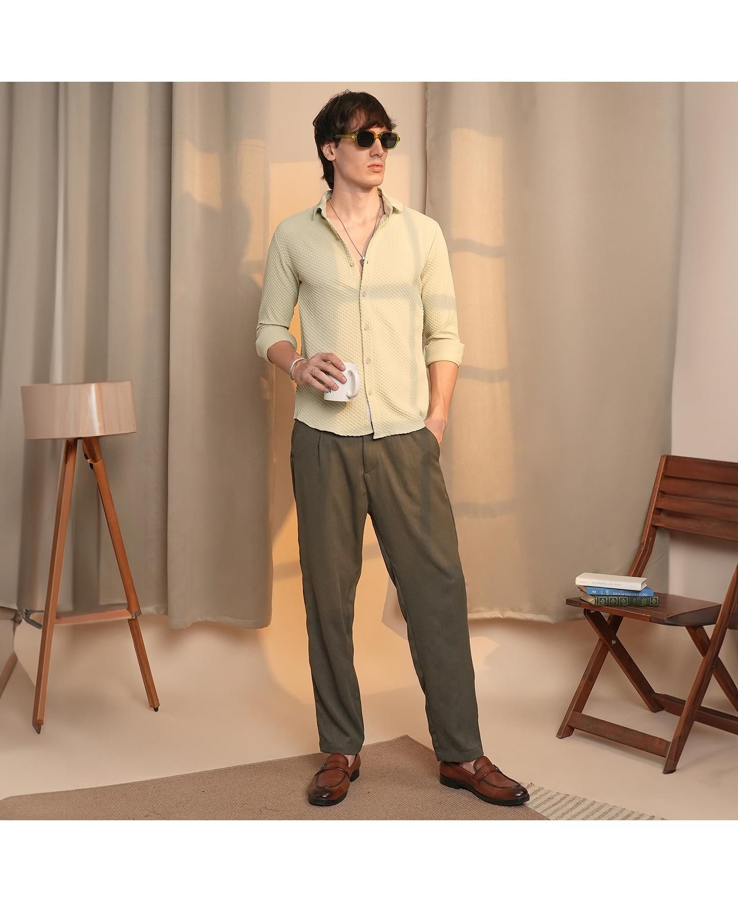 Men's Butter Yellow Micro Cubic-Textured Shirt
