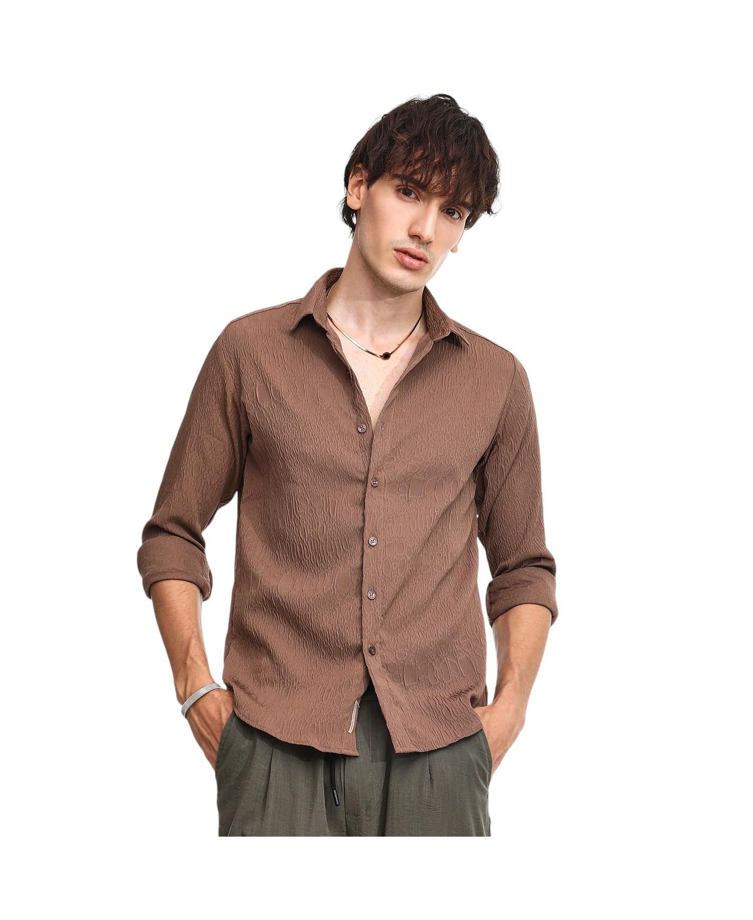 Men's Ash Brown Veined-Textured Shirt