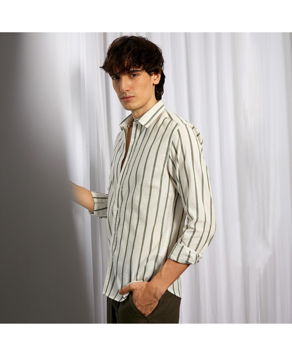 Campus Sutra Men's Saltbox& Sage Green Lined Halo-Striped Shirt - Beige/khaki