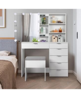 White Dressing Table Set with 6 Pumps, 2 Shelves, Mirror Cabinet & 3-Tone Light Bulbs