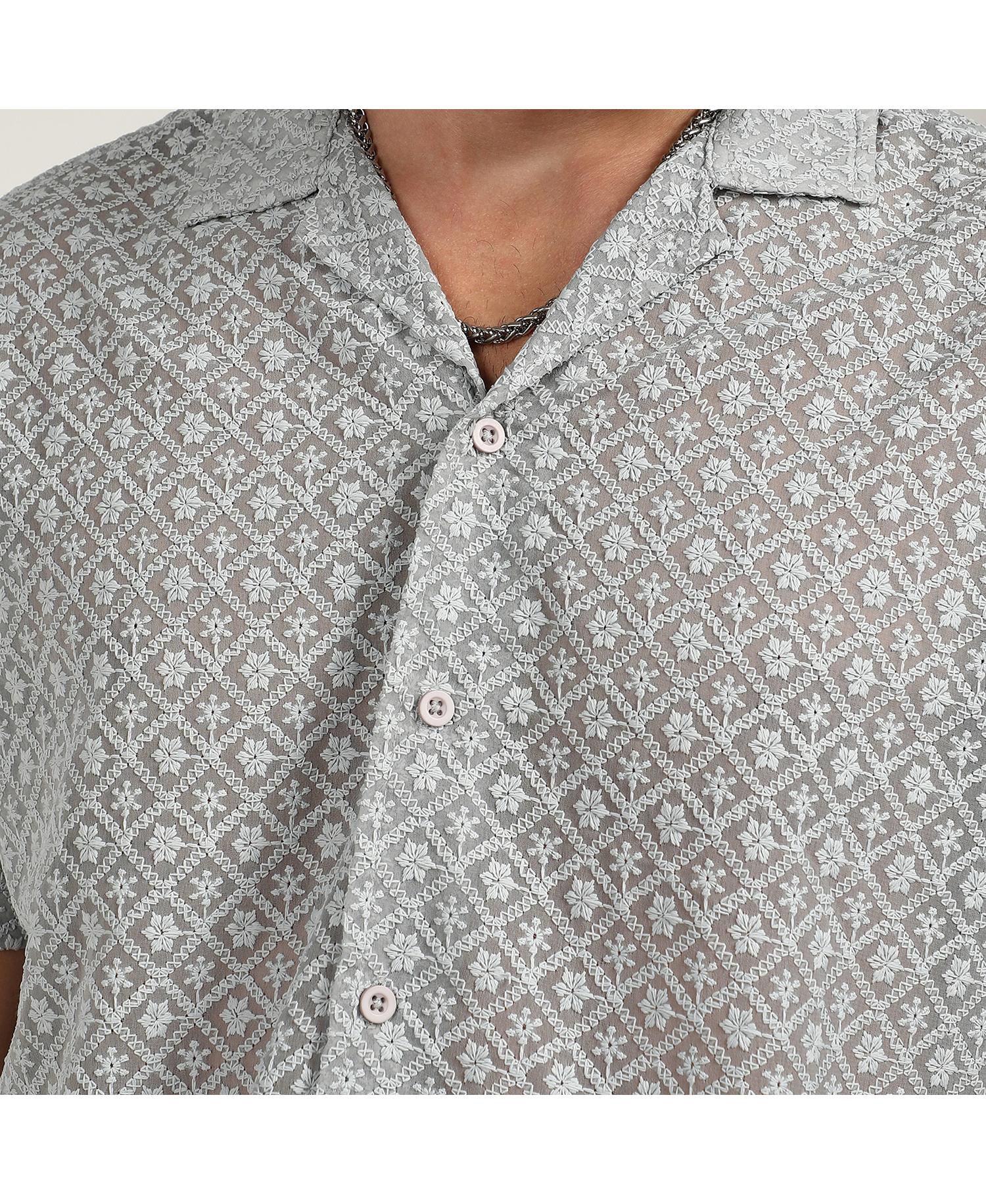Men's Moon Grey Floral Embroidered Shirt