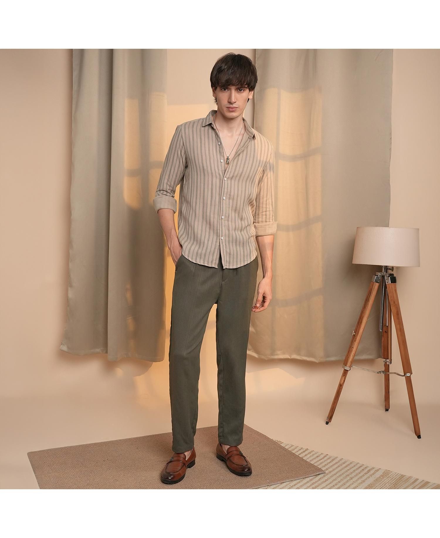 Men's Khaki Brown Halo-Striped Shirt