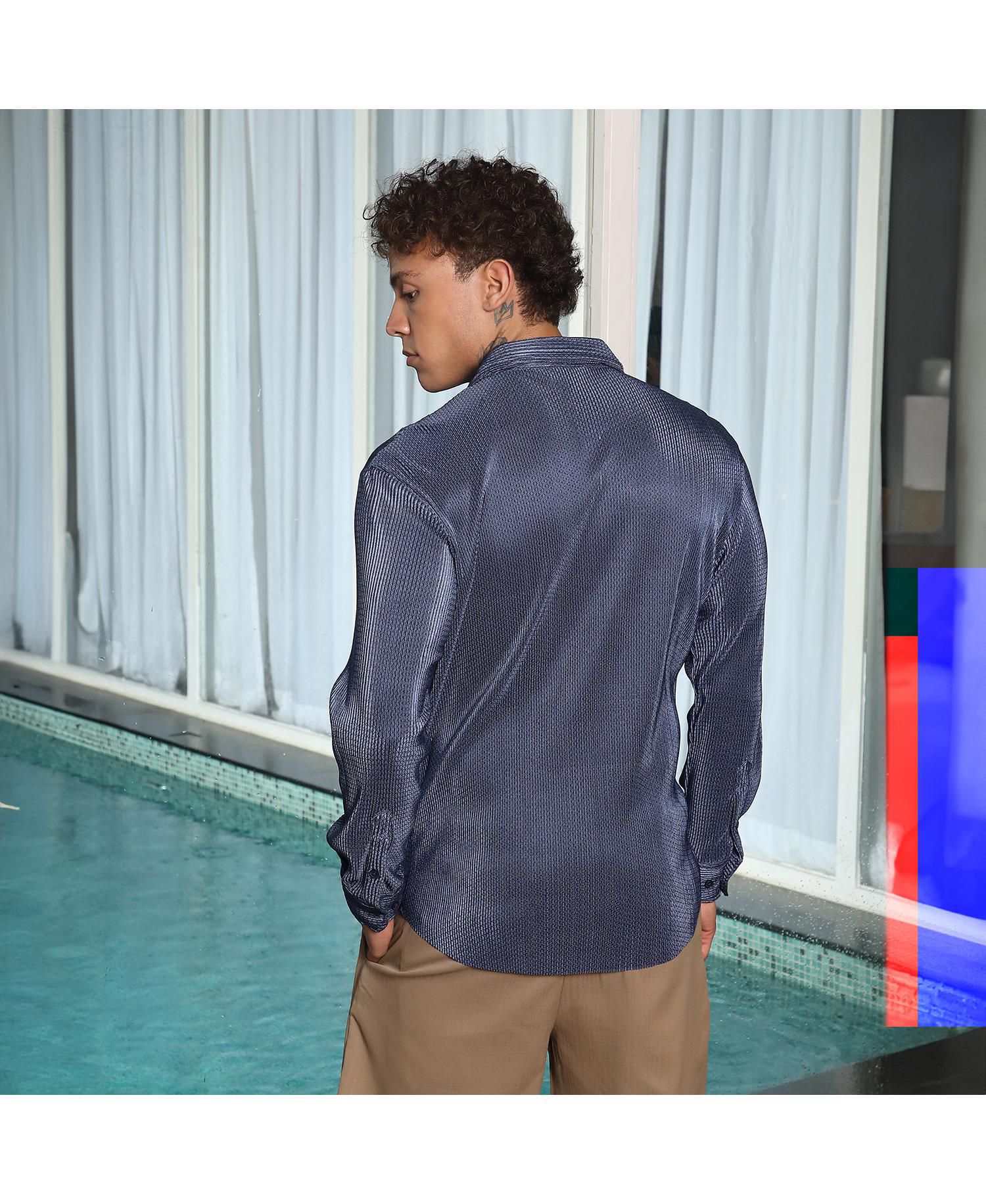 Men's Navy Blue Textured-Pleat Shirt