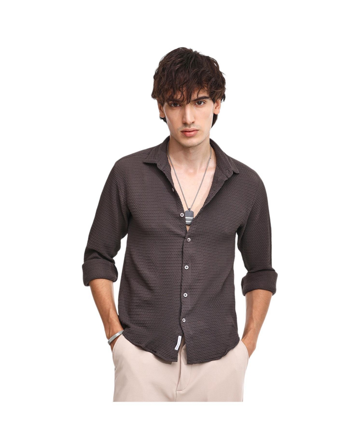 Men's Charcoal Black Weave-Textured Shirt - Black