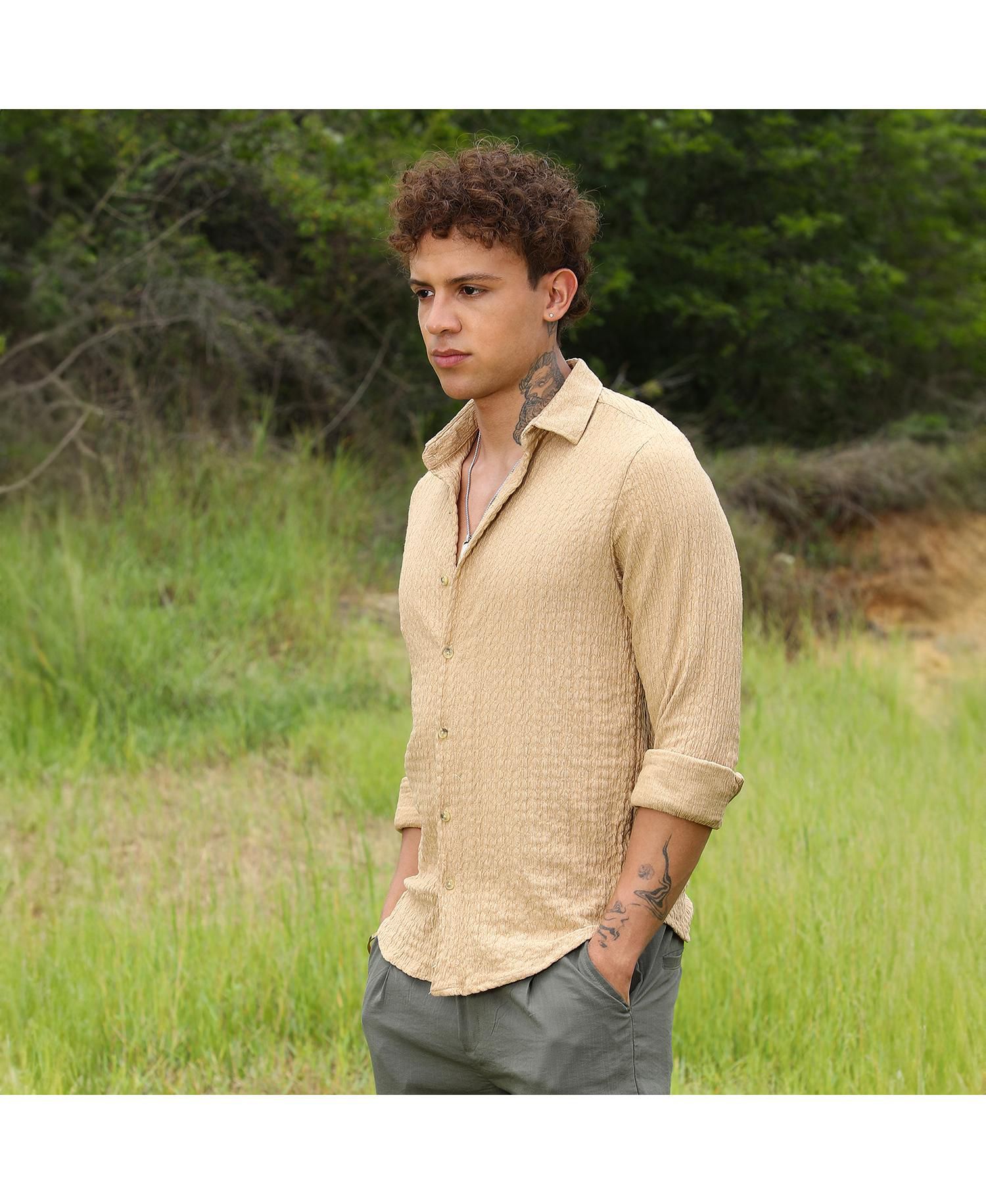 Men's Buff Beige Micro Hexagon-Lined Shirt