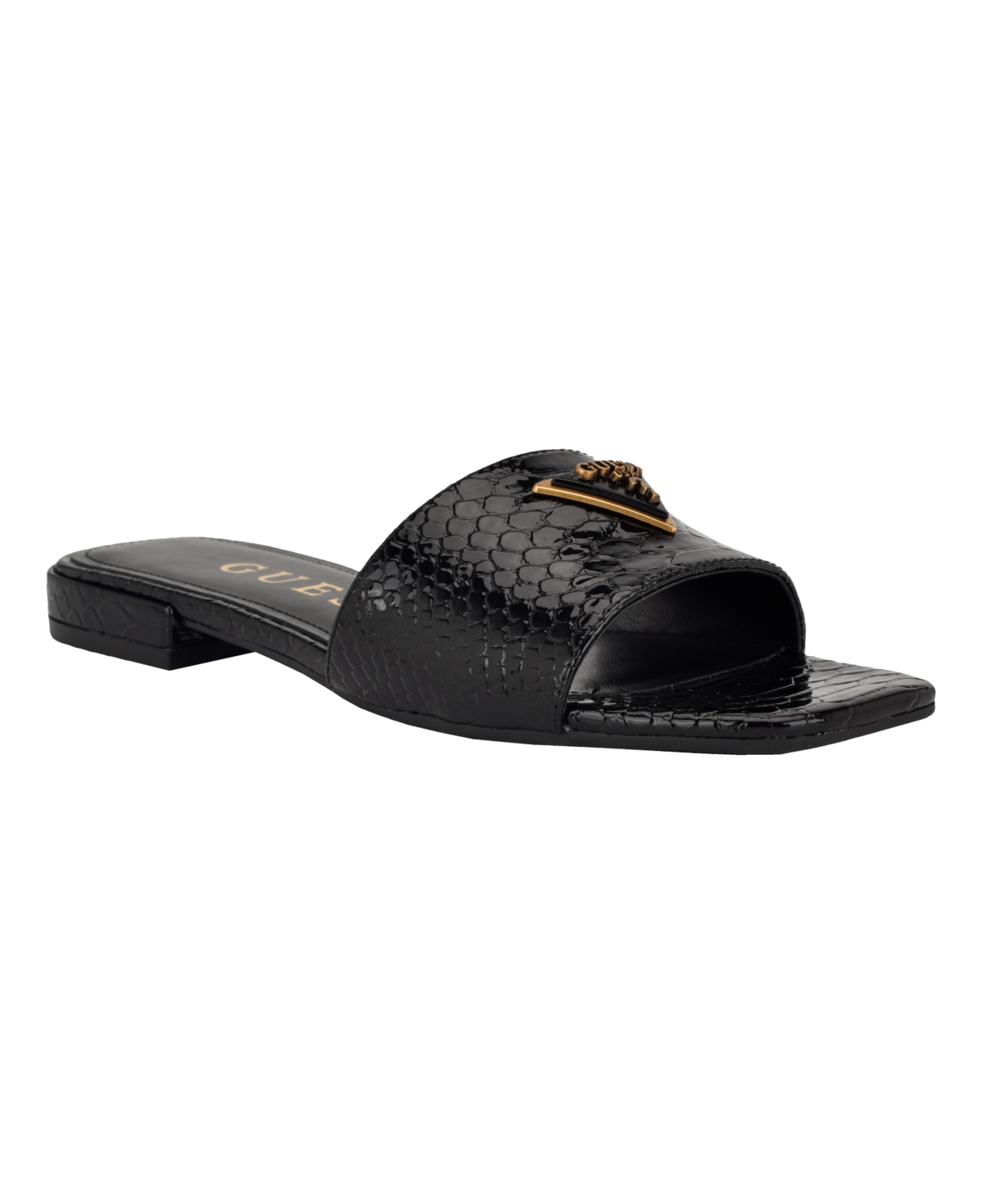 Guess Women's Tamsea One Band Square Toe Slide Flat Sandals In Black Lizard