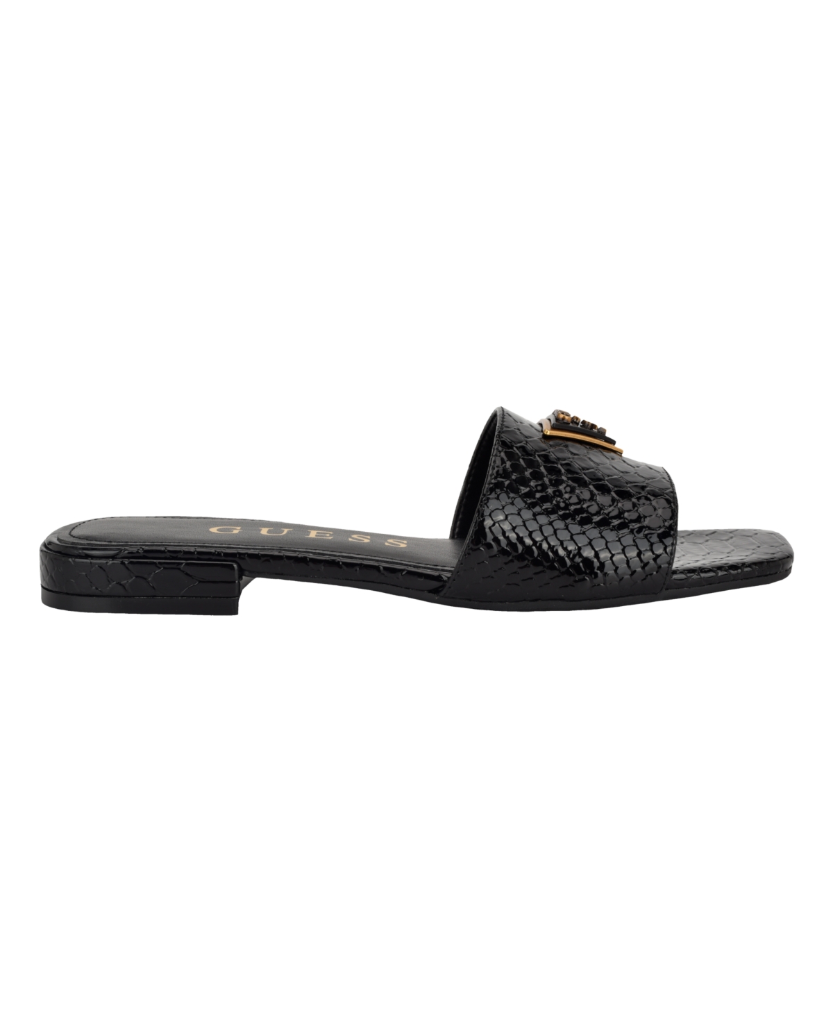 Guess Women's Tamsea One Band Square Toe Slide Flat Sandals In Black Lizard