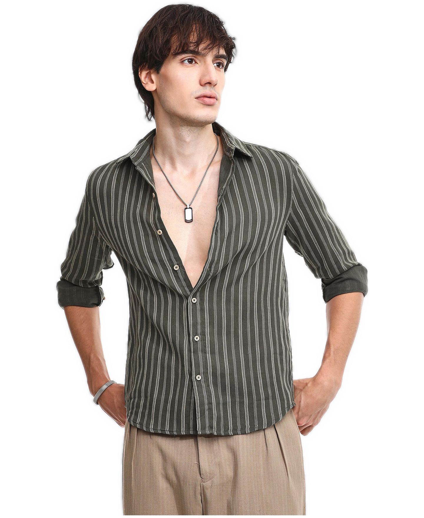 Мужская рубашка Cahoot Campus Sutra Moss Green Halo Striped, цвет: Зелёный — фото 1