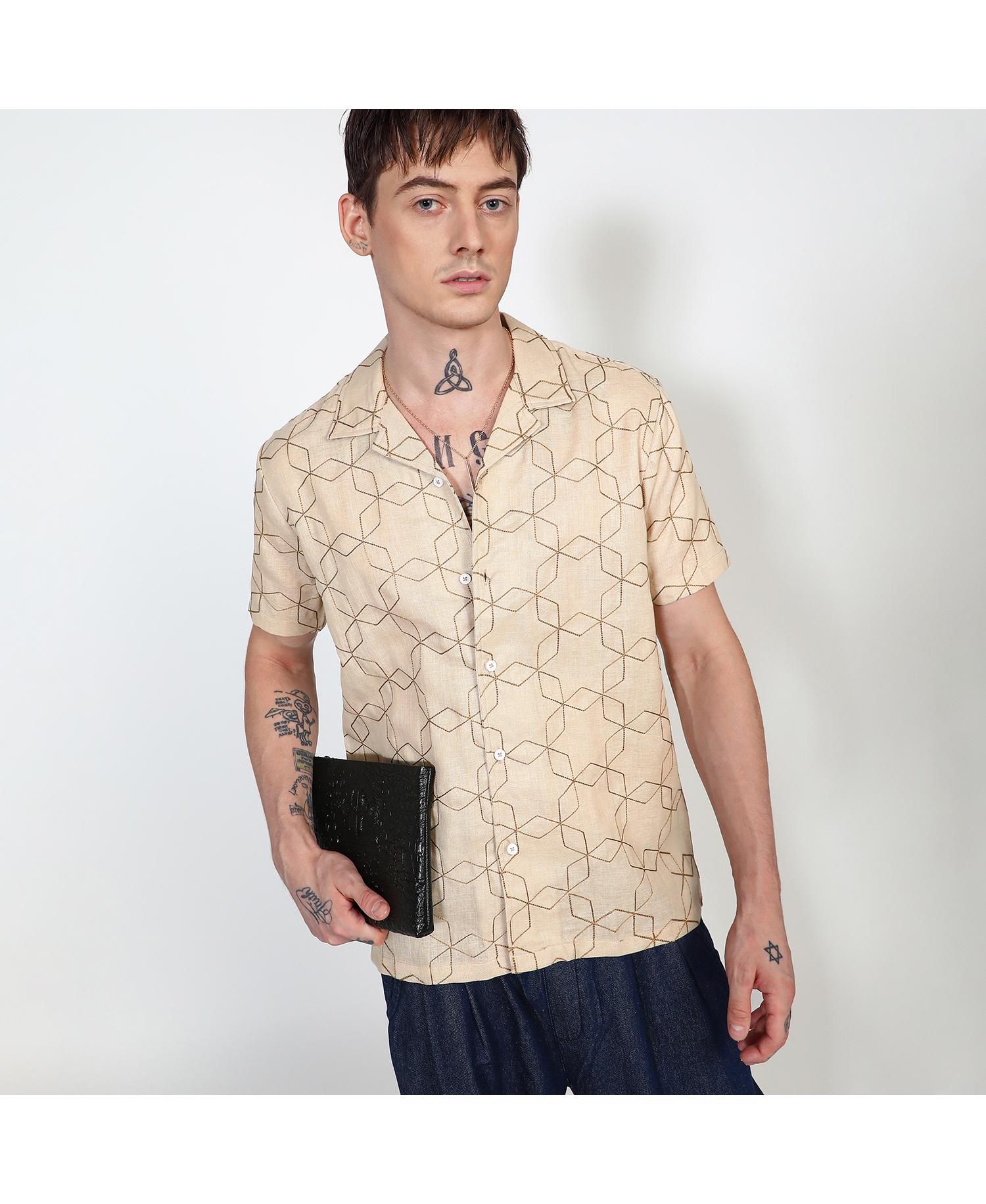 Men's Beige Embroidered Geometric-Lined Shirt