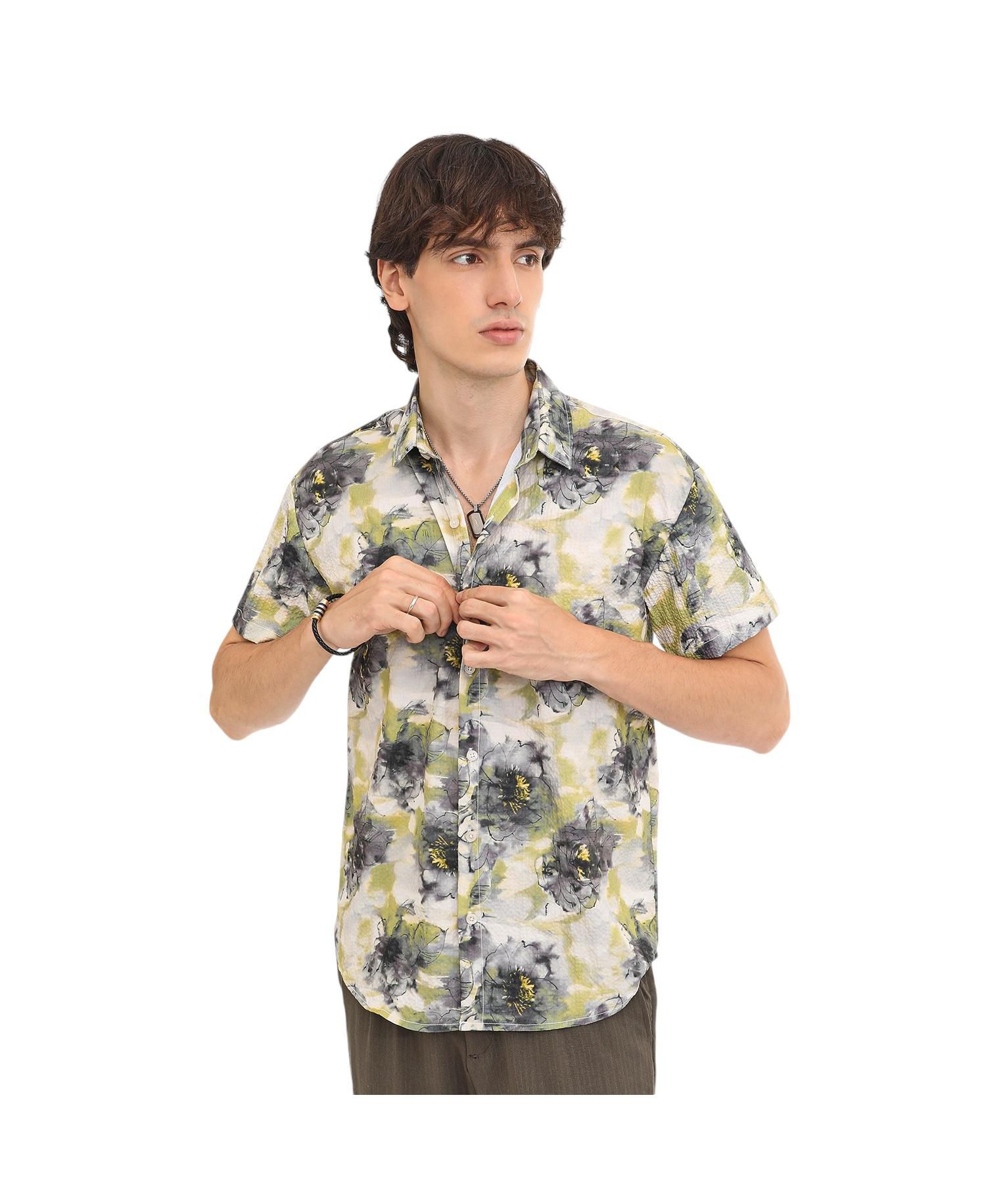 Men's Navy Blue & Powder White Smudged Botanical Shirt