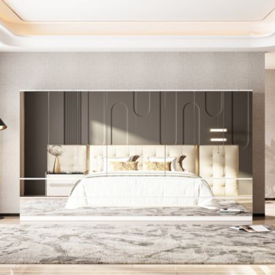 Wardrobe Closet with All Mirror, Armoire with 2 Doors, 2 Drawers & Hanging Rod, For Bedroom